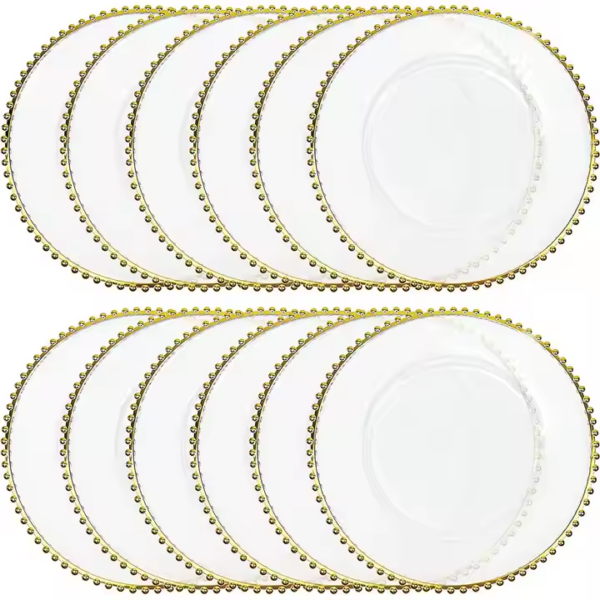 HFF Wholesale Clear Plastic Gold & Silver Beads Rim Wedding Chargers Plateswith Gold Beads for Dinner